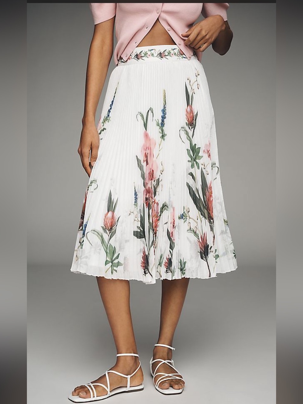 Anthropologie Ranna Gill White Pleated Midi Floral Skirt - Sz XS